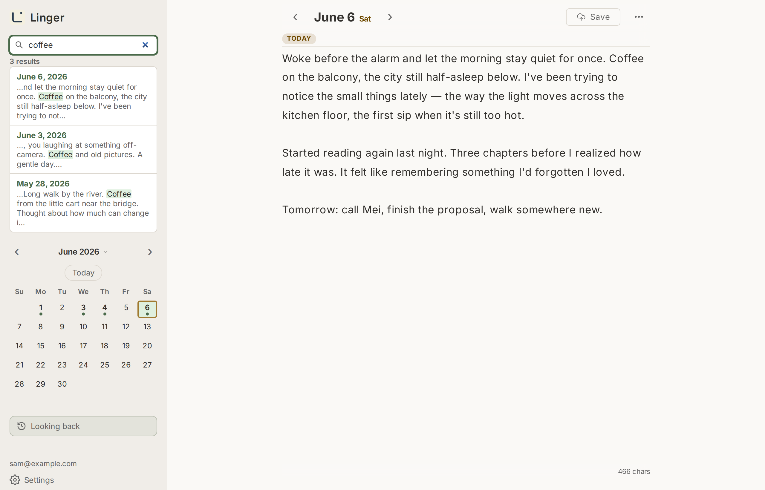 Linger full-text search listing matching diary entries with highlighted keywords
